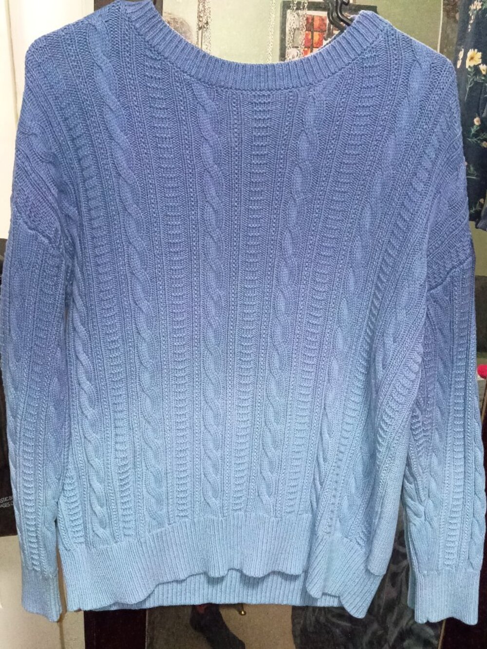 NWOT Time and Tru Blue Ombre Cable Knit Crewneck Sweater Size Large (12-14)